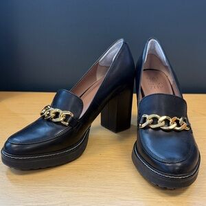 Naturalizer Chunk Heel Black Loafers with Gold Chain Detail